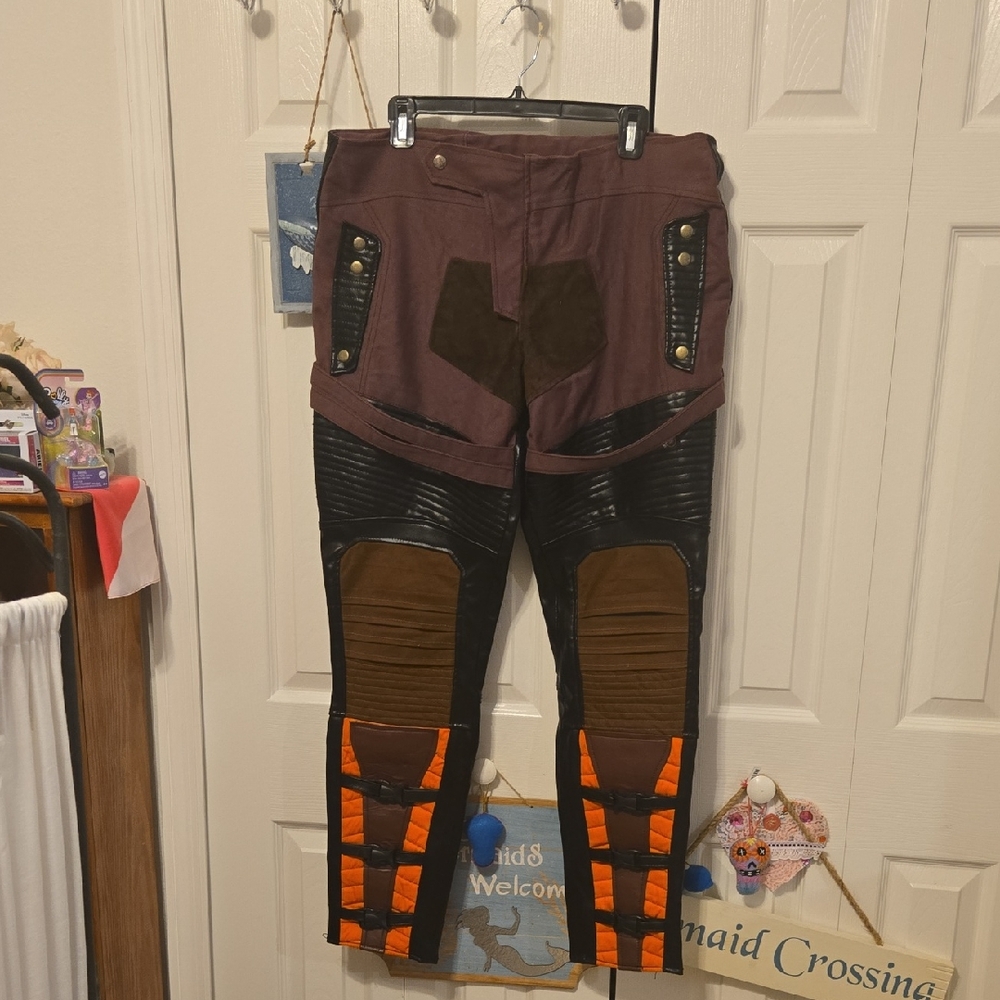 Brown and Black Patchwork Pants with Orange Accents
